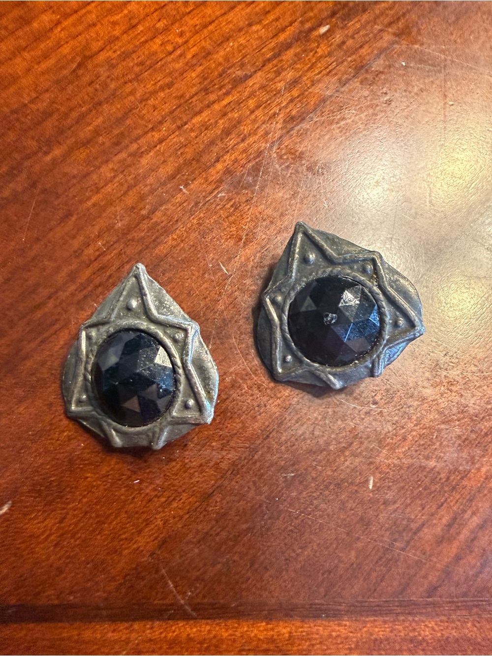 Vintage Pewter-Look Star Clip on Earrings with Black Faceted Stones